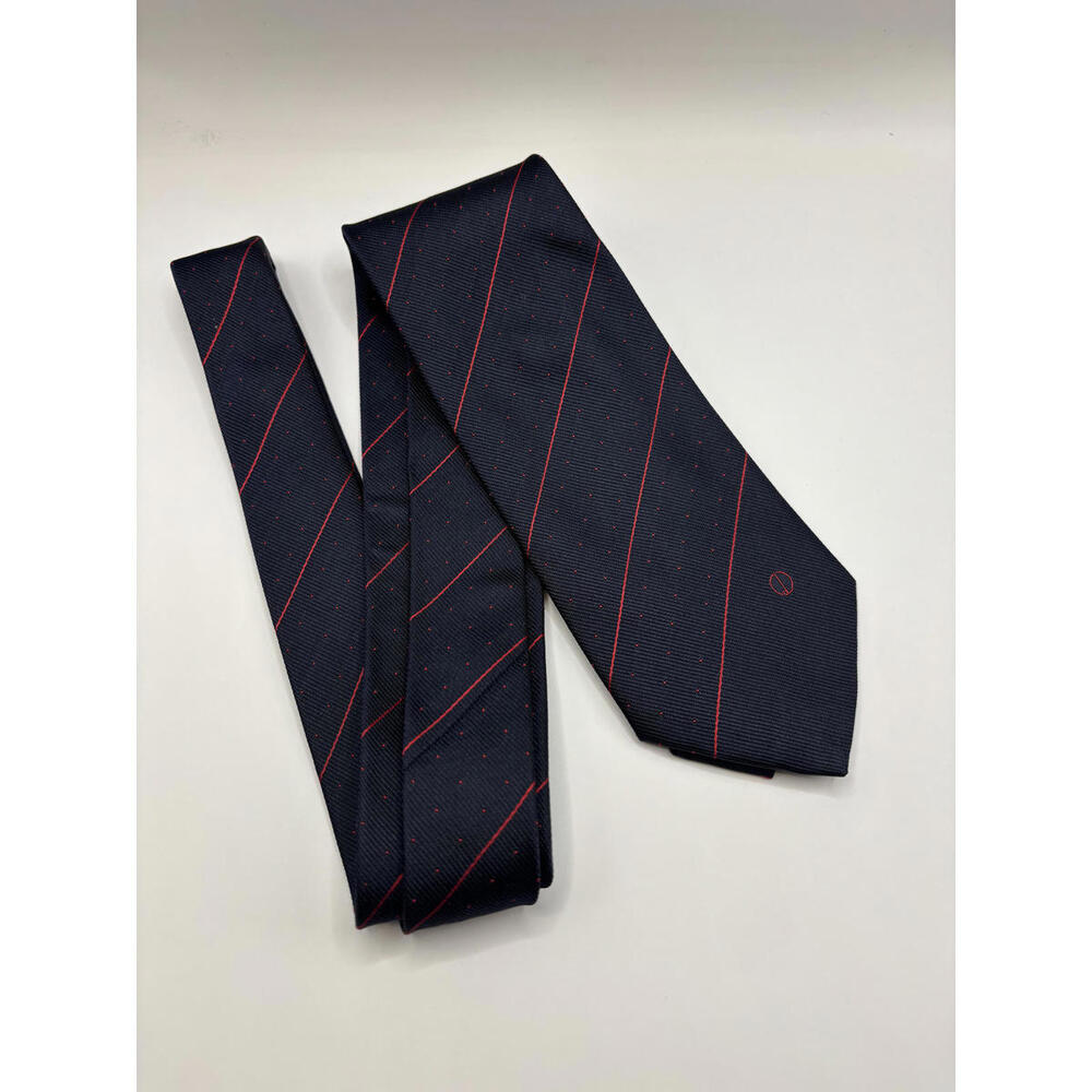 DUNHILL Stylish Navy Blue Striped Tie with Red Dots/EMBLEM